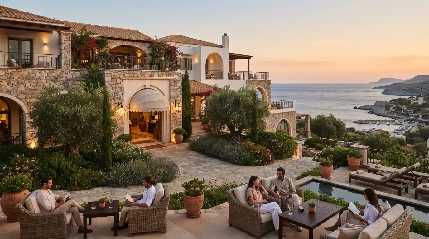 Elegant luxury hotel exterior with landscaped surroundings and a welcoming outdoor guest area