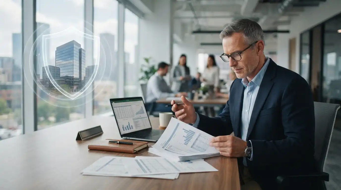 Business professional reviewing commercial insurance documents with layered protection imagery