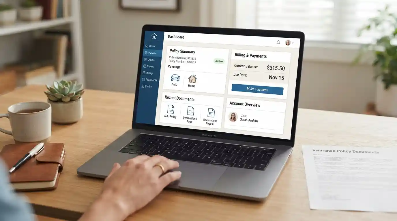 Laptop displaying an online insurance policy management dashboard in a modern workspace