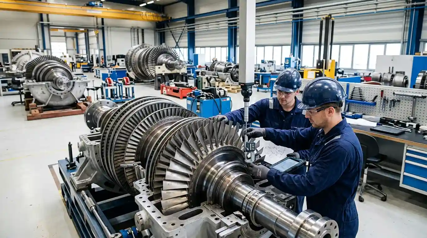 Industrial turbine rotor and metal blades being inspected by engineers in a turbine repair workshop.