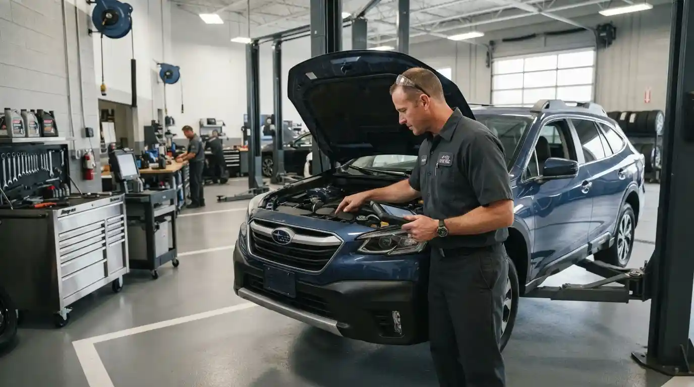 Automotive technician inspecting a vehicle in a professional auto service workshop