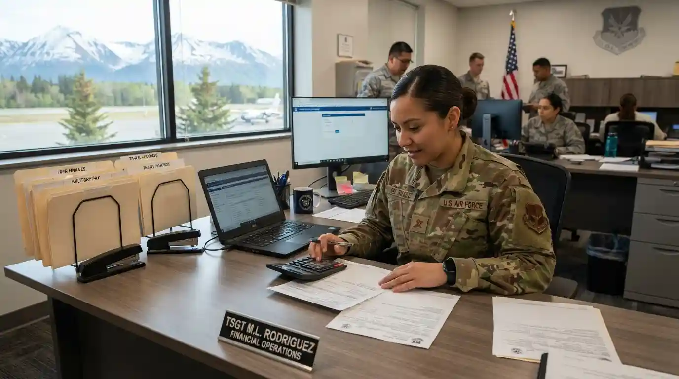 Service member reviewing financial documents in a professional military finance office