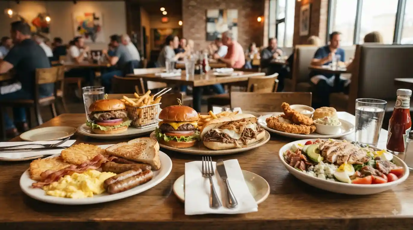 A selection of breakfast, burger, Philly cheesesteak, chicken, and salad dishes on a restaurant table