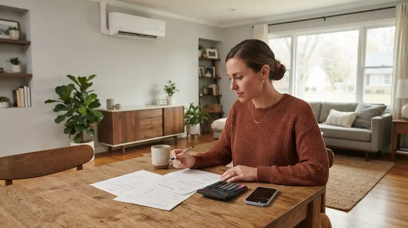 Homeowner reviewing financing paperwork for a residential heating and cooling upgrade