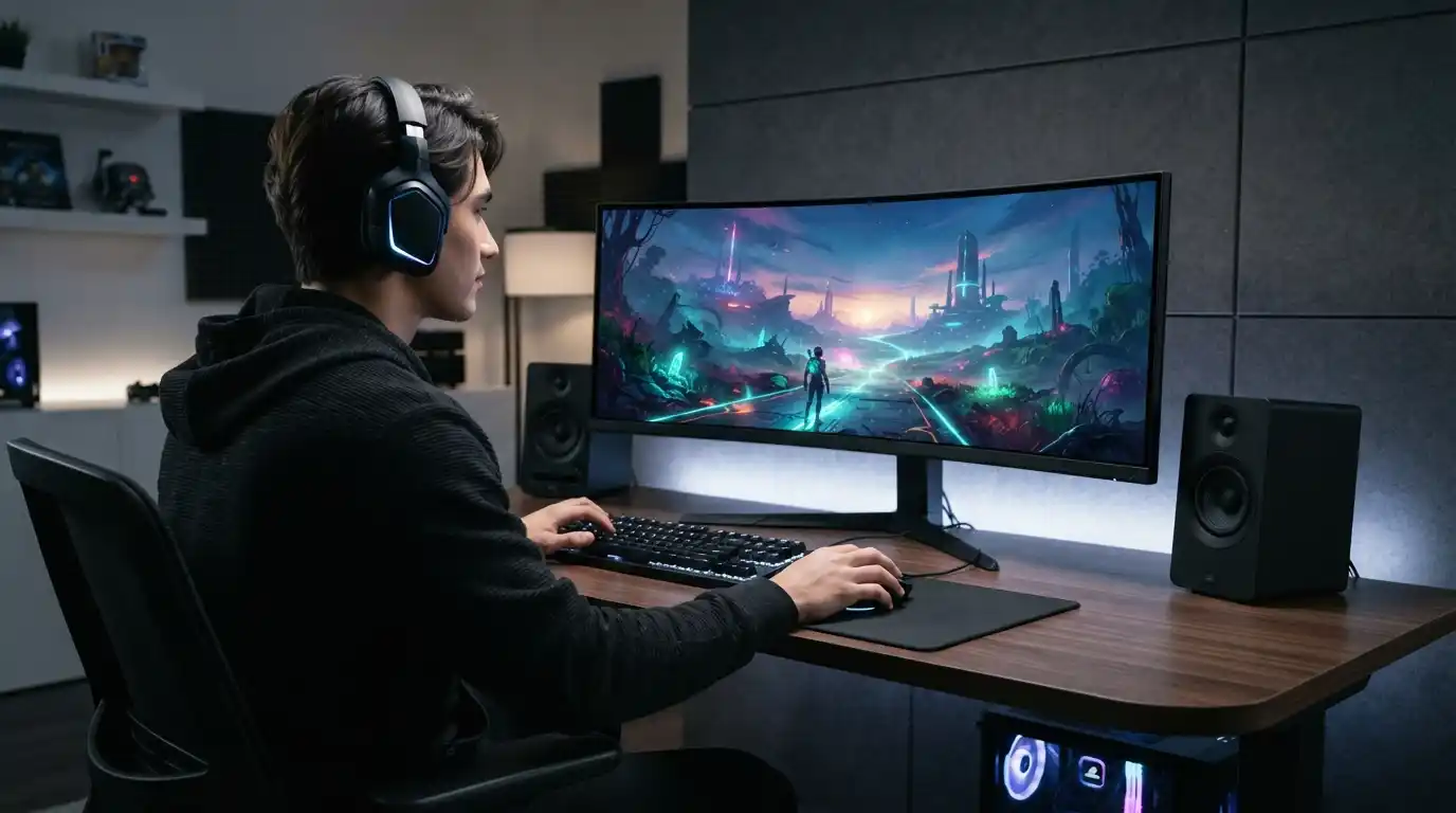 Gamer using a modern PC setup with a futuristic multiplayer game displayed on a widescreen monitor
