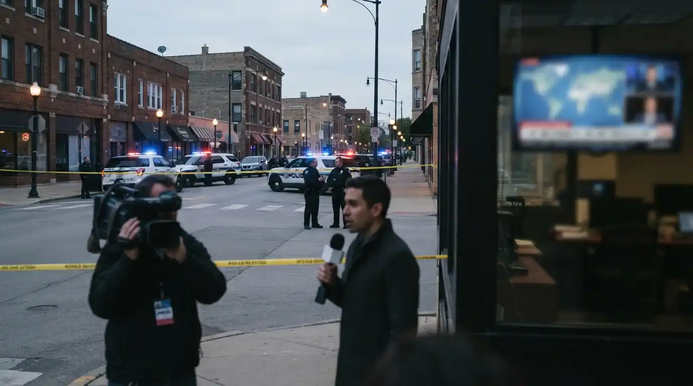 Emergency responders near a secured American public area during a developing news incident