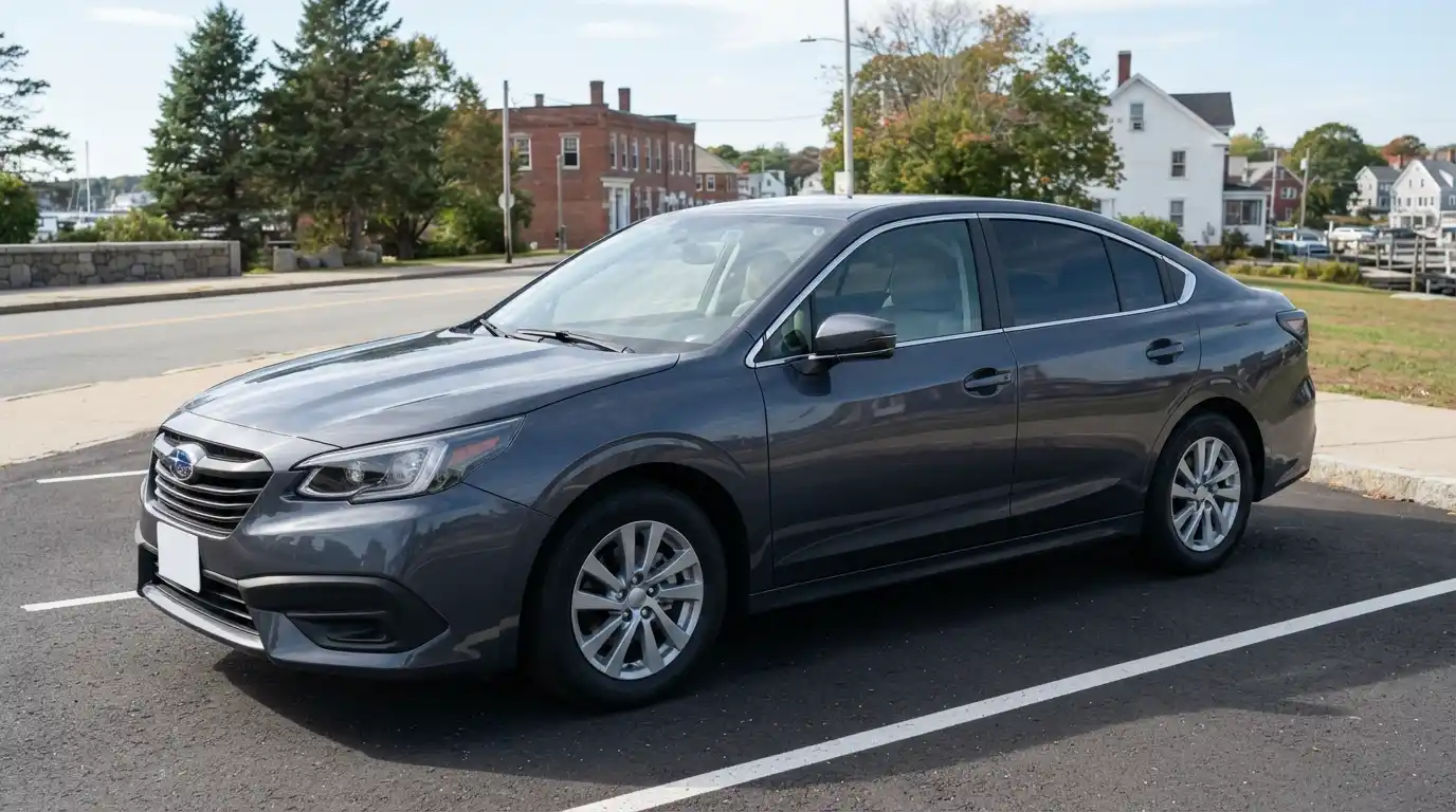 Modern sedan with moderately tinted windows parked in a Maine setting