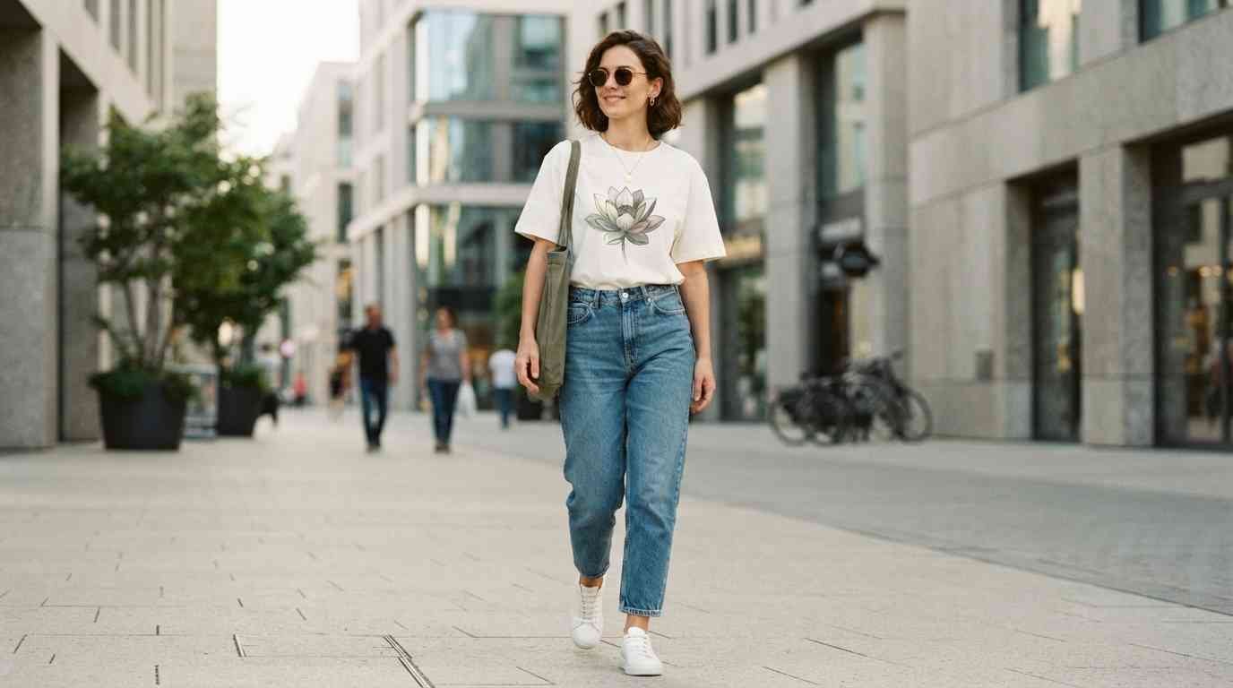 Adult model wearing a lotus-inspired graphic T-shirt with a modern casual outfit