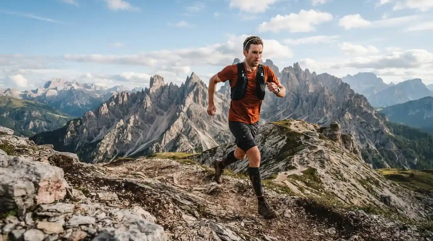 Athlete enjoying a high-energy outdoor adventure against a dramatic mountain landscape