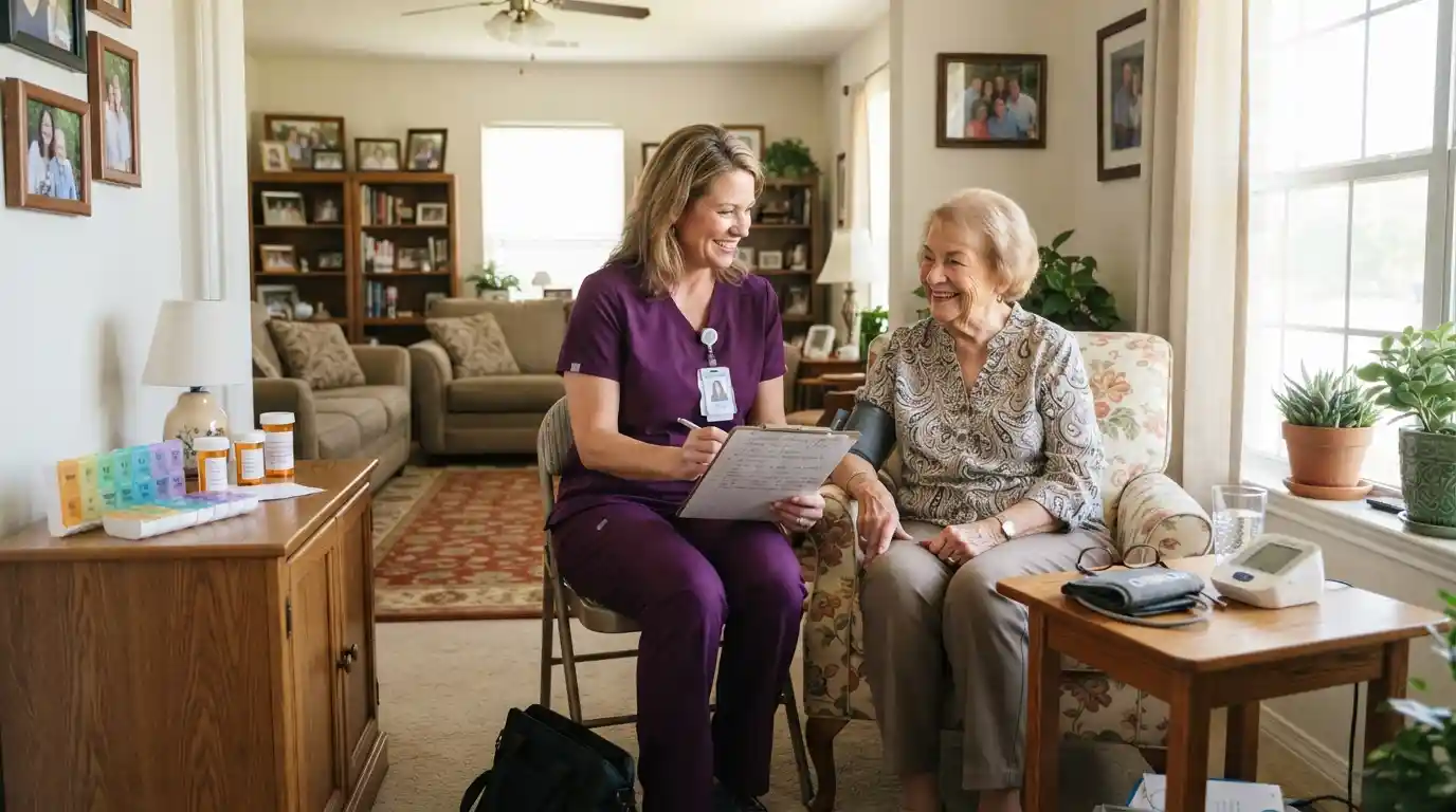 Home health nurse providing compassionate care to an older adult patient at home