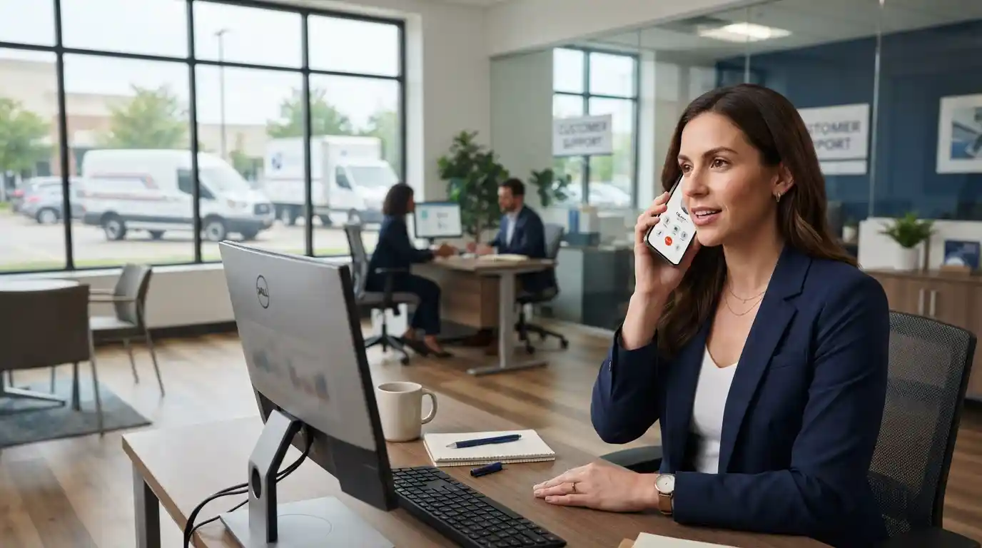 Person using a smartphone to contact an insurance company with commercial vehicles in the background