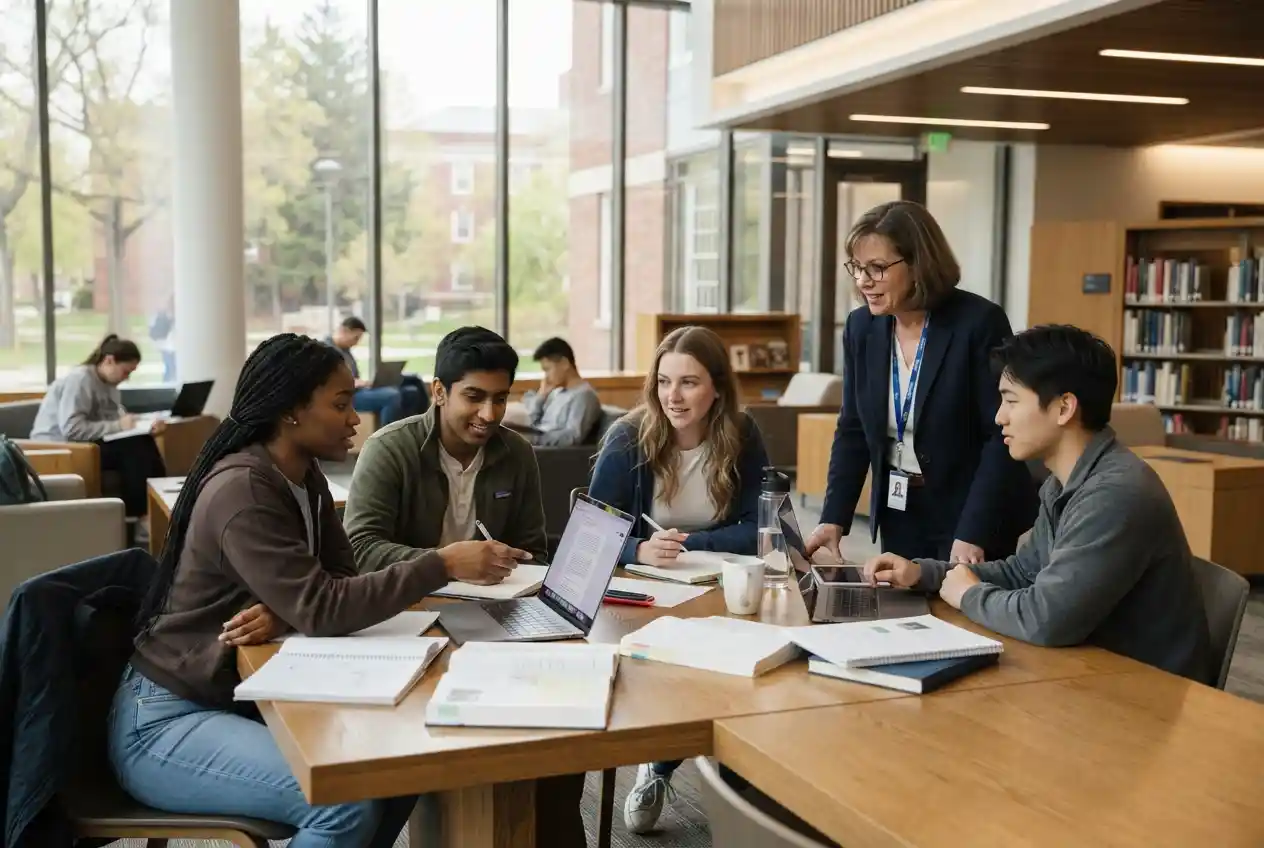 North American education students collaborating in a modern classroom with digital learning technology