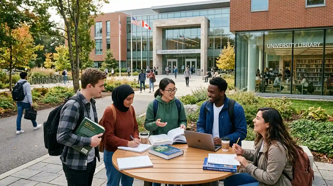 University students collaborating on coursework in a modern North American campus setting.