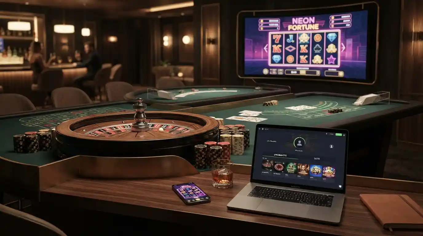 Modern online casino setup with roulette, playing cards, chips, and mobile gaming devices