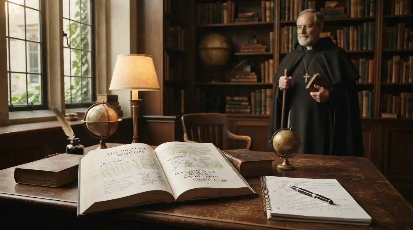 Historical Christian scholar surrounded by books and modern learning materials in a quiet study