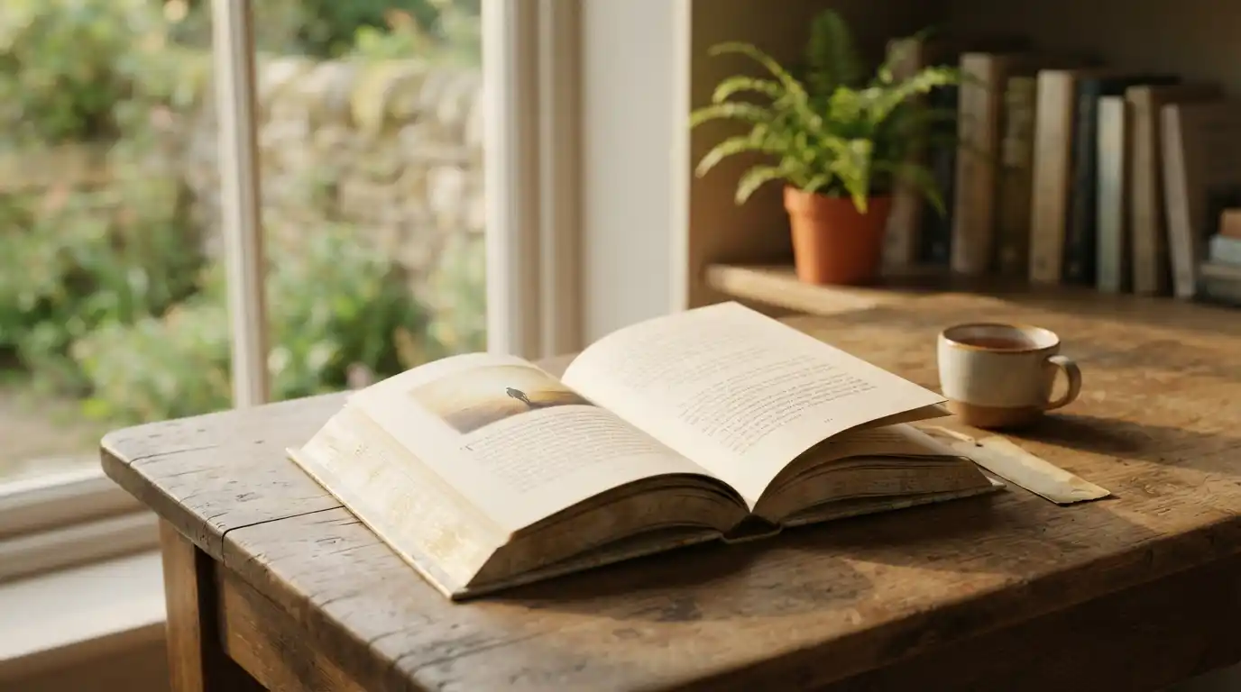 An open inspirational book on a wooden table in a warm, peaceful reading setting