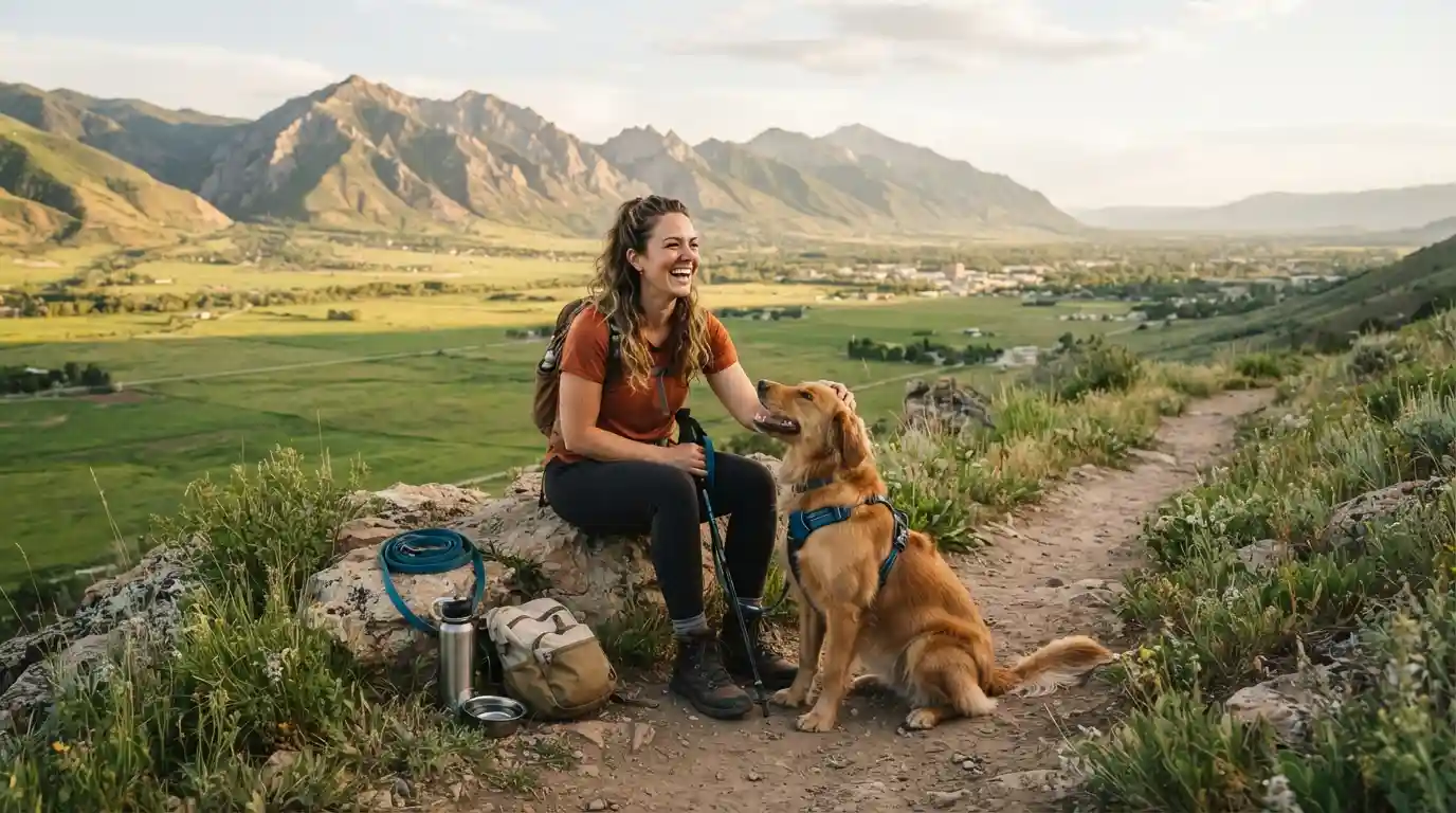 Dog and owner enjoying an outdoor walk with Cache Valley mountains in the background