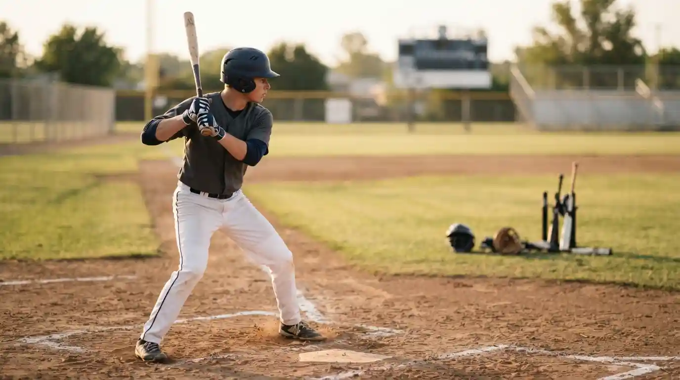 Young baseball player practicing a focused batting stance on a competitive field