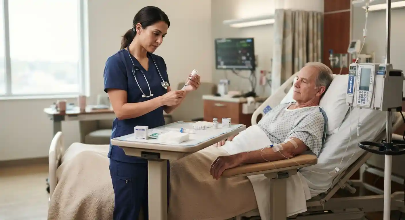 Registered nurse providing PICC line care in a modern hospital