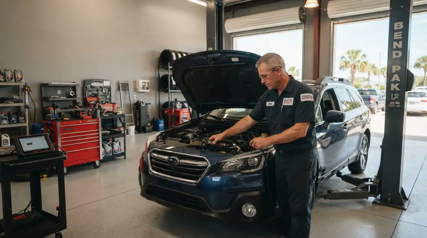 Automotive technician inspecting a passenger vehicle inside a professional repair shop