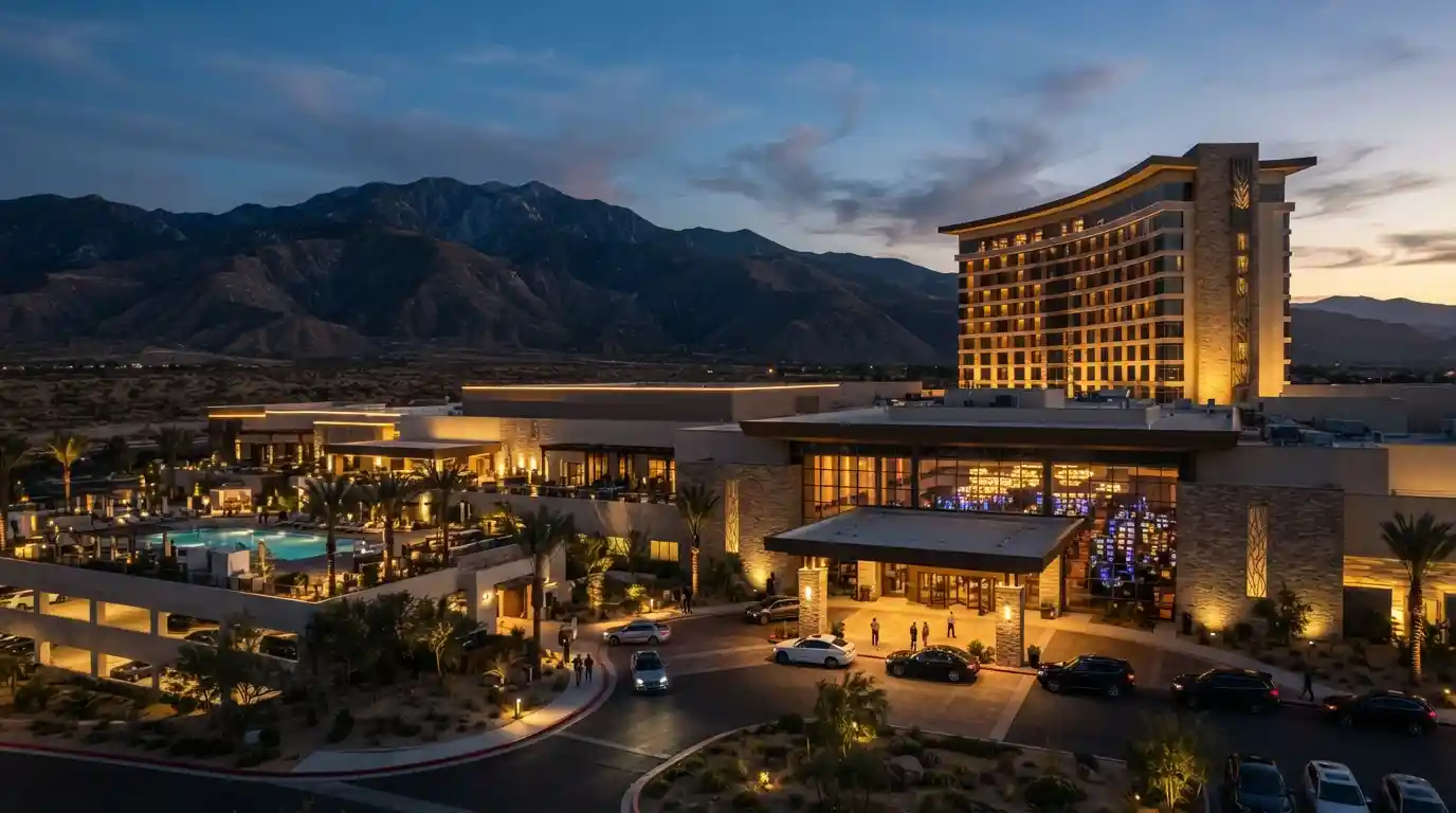 Morongo-style casino resort glowing at dusk against the Southern California desert mountains
