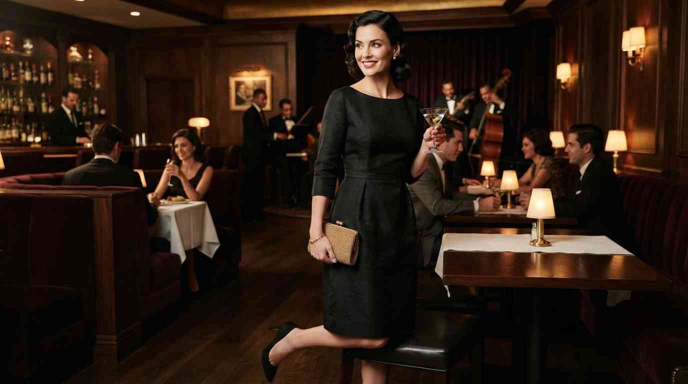 Elegant woman wearing a black mid-century cocktail dress in a sophisticated vintage nightclub setting