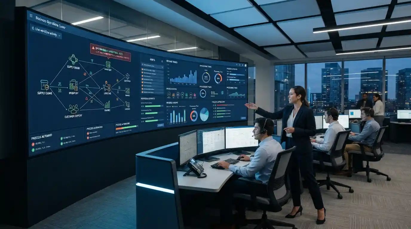 Business professionals monitoring automated workflows and real-time operational data on a digital dashboard