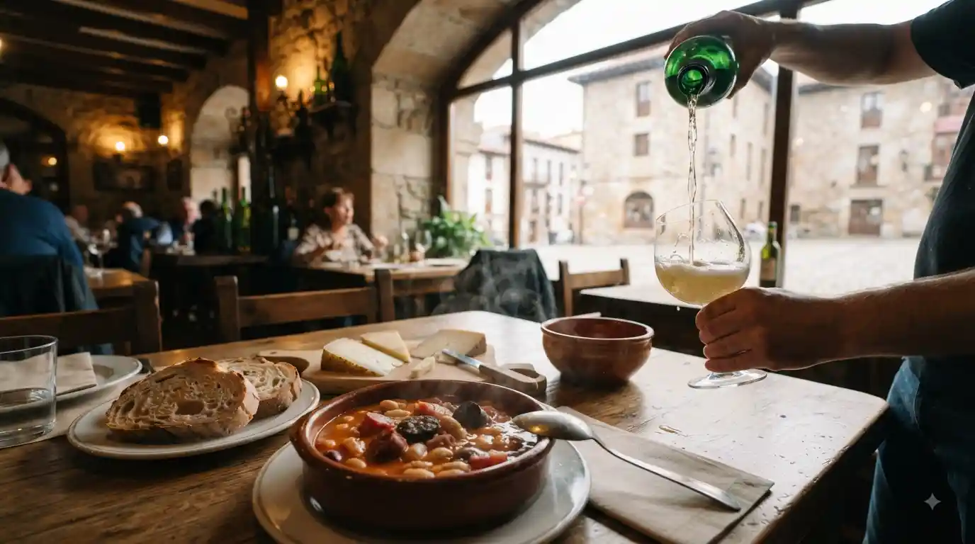 Traditional Asturian meal with bean stew, regional cheese and cider at a restaurant in Gijón