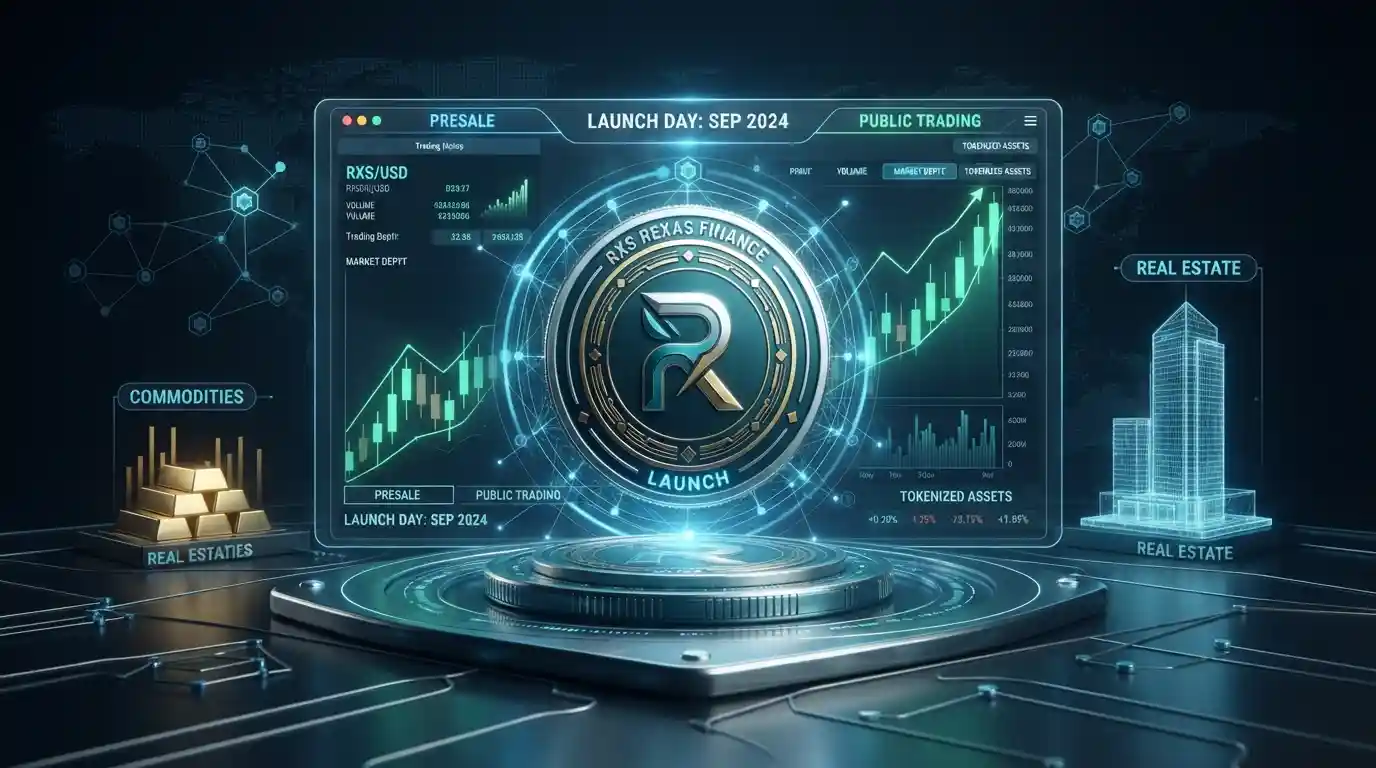 Rexas Finance RXS token displayed on a blockchain trading interface alongside tokenized real-world asset imagery