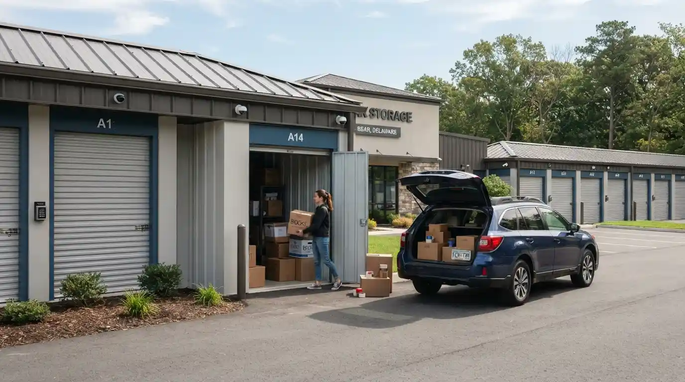 Customer loading boxes into a secure modern self-storage unit