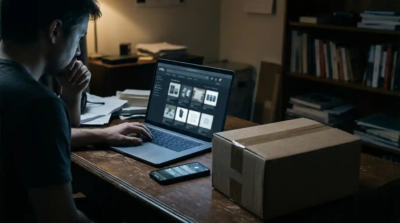 Laptop, smartphone, and an unlabelled package representing the risks of online drug scams.