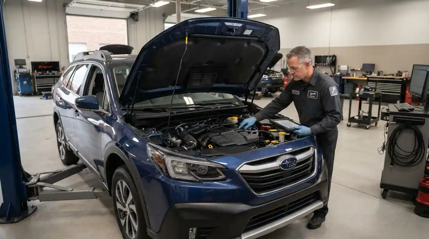 Technician inspecting a vehicle in a professional auto repair garage
