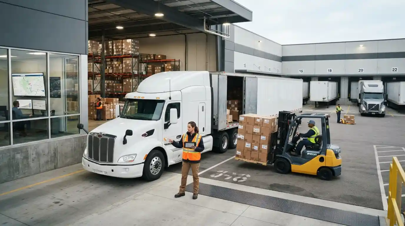Freight truck and warehouse operations supporting modern supply chain logistics