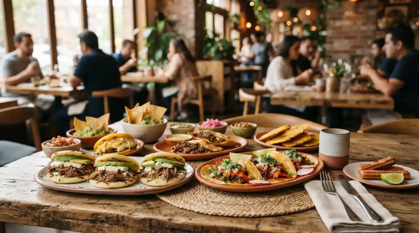 A table of Latin American dishes including arepas, tacos, empanadas, plantains, and fresh toppings at a casual restaurant