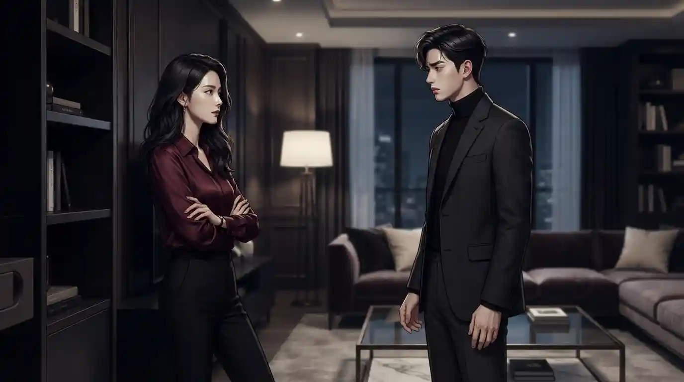 Two adult characters facing each other in a dark, sophisticated webtoon-inspired setting