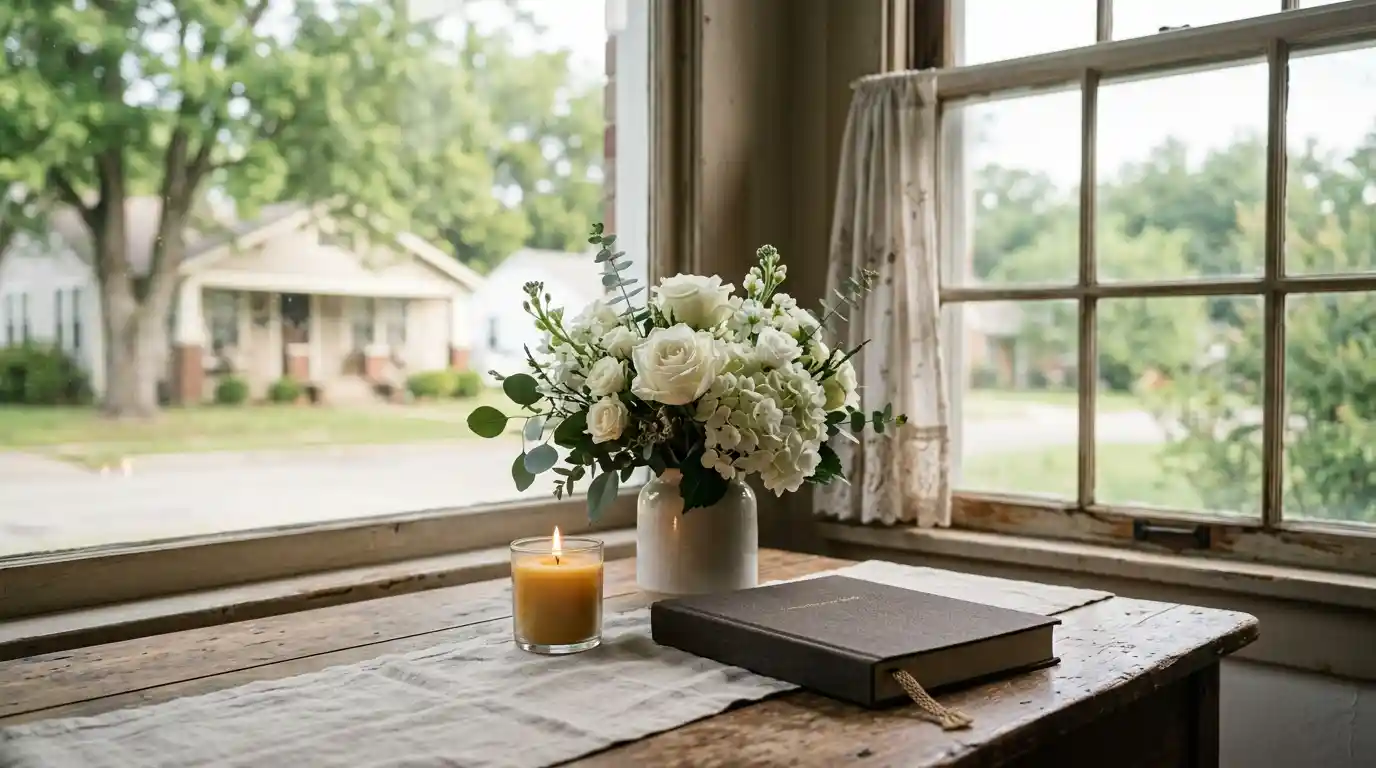 White flowers, a candle, and a remembrance book arranged on a table in a peaceful memorial setting.