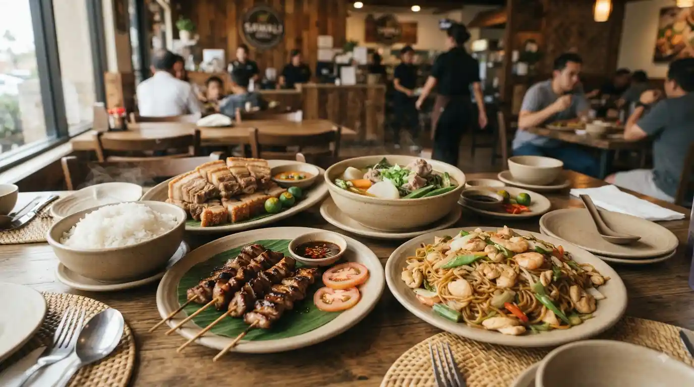 Filipino dishes including pancit, grilled barbecue, rice, crispy pork, and soup served at a casual restaurant table