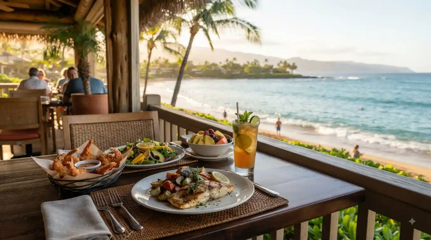 Seafood-focused meal served at a beachfront Maui restaurant overlooking a tropical bay