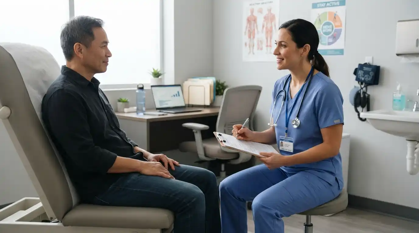 Nurse discussing sedentary behavior and physical activity with an adult patient during a healthcare assessment