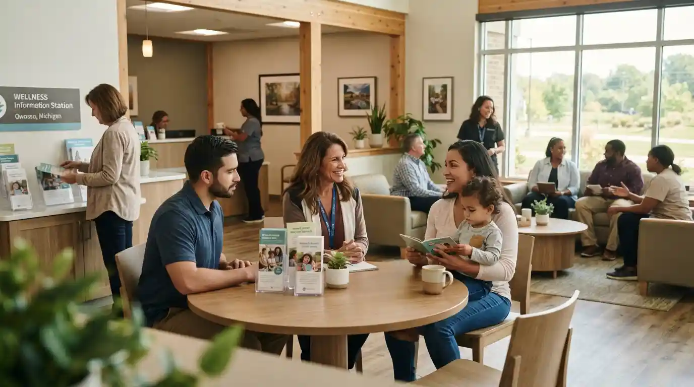 Healthcare professionals supporting adults and families in a welcoming community wellness setting
