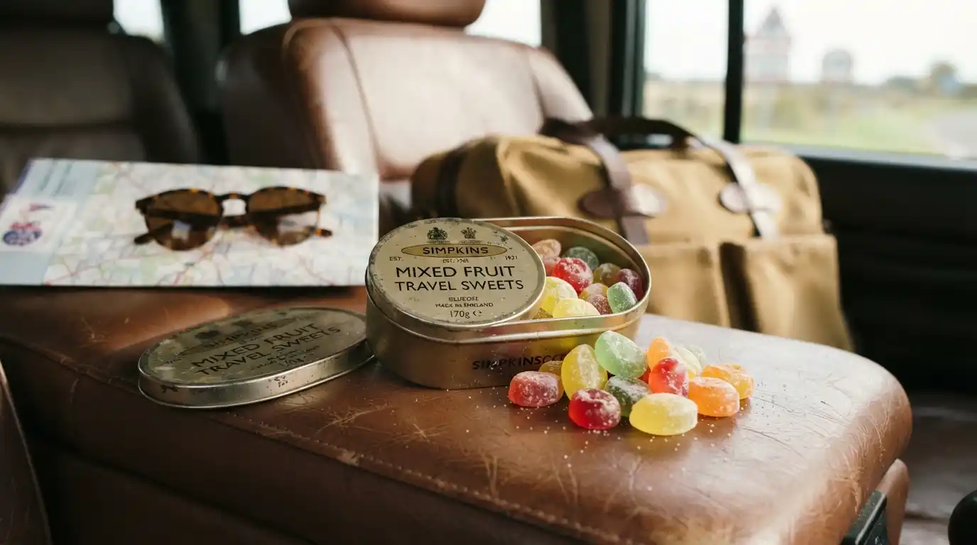 Simpkins travel sweets in a traditional metal tin with colorful hard-boiled candies beside travel accessories