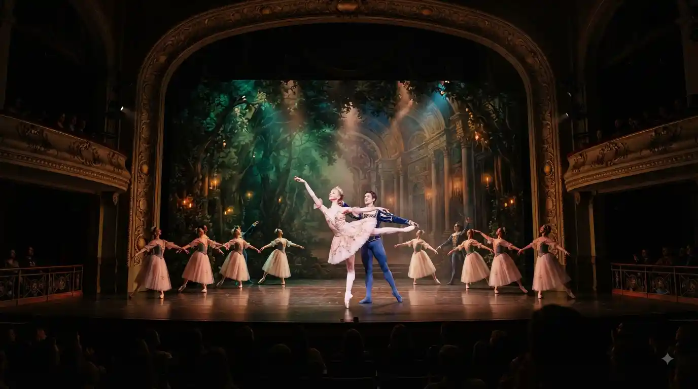 Ballerina performing as Princess Aurora during a Sleeping Beauty ballet performance in a Denver theater