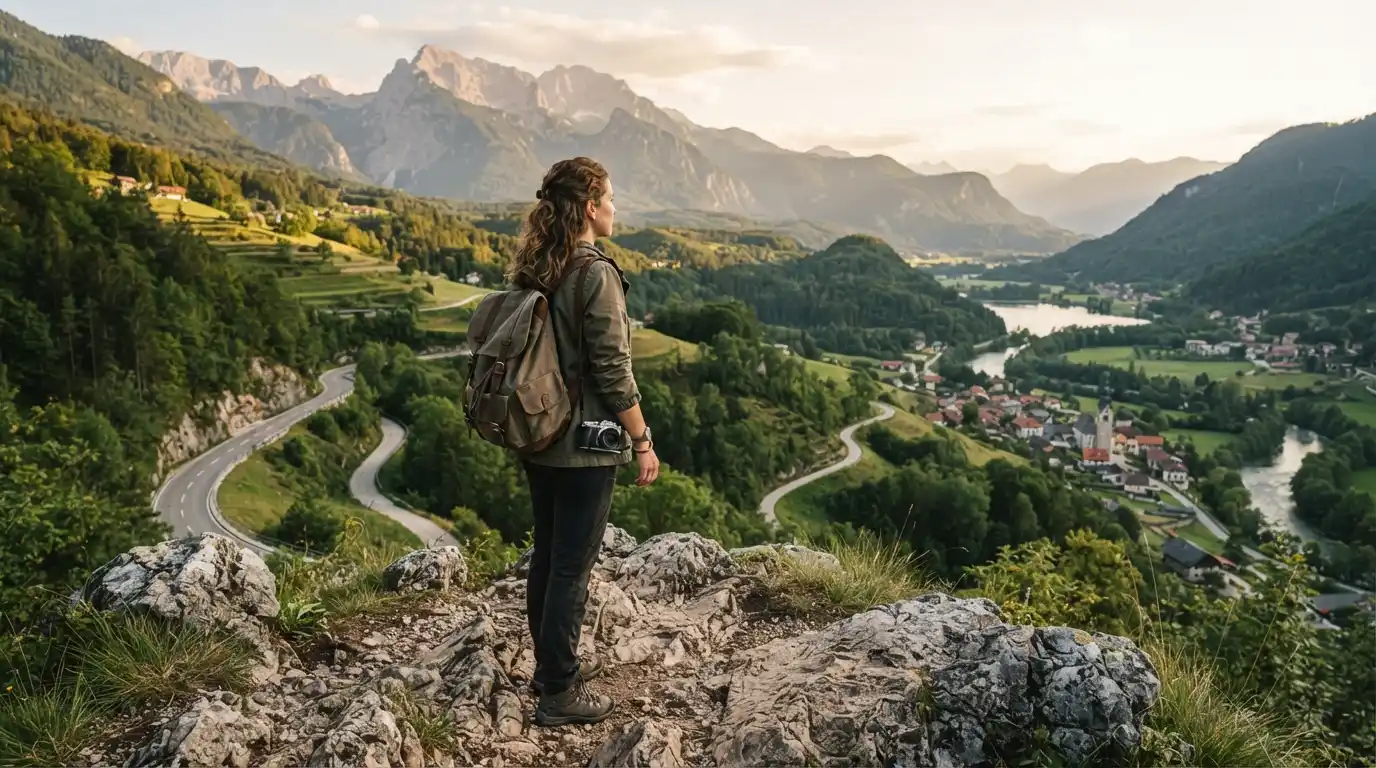 Solo traveler with a backpack overlooking a scenic destination