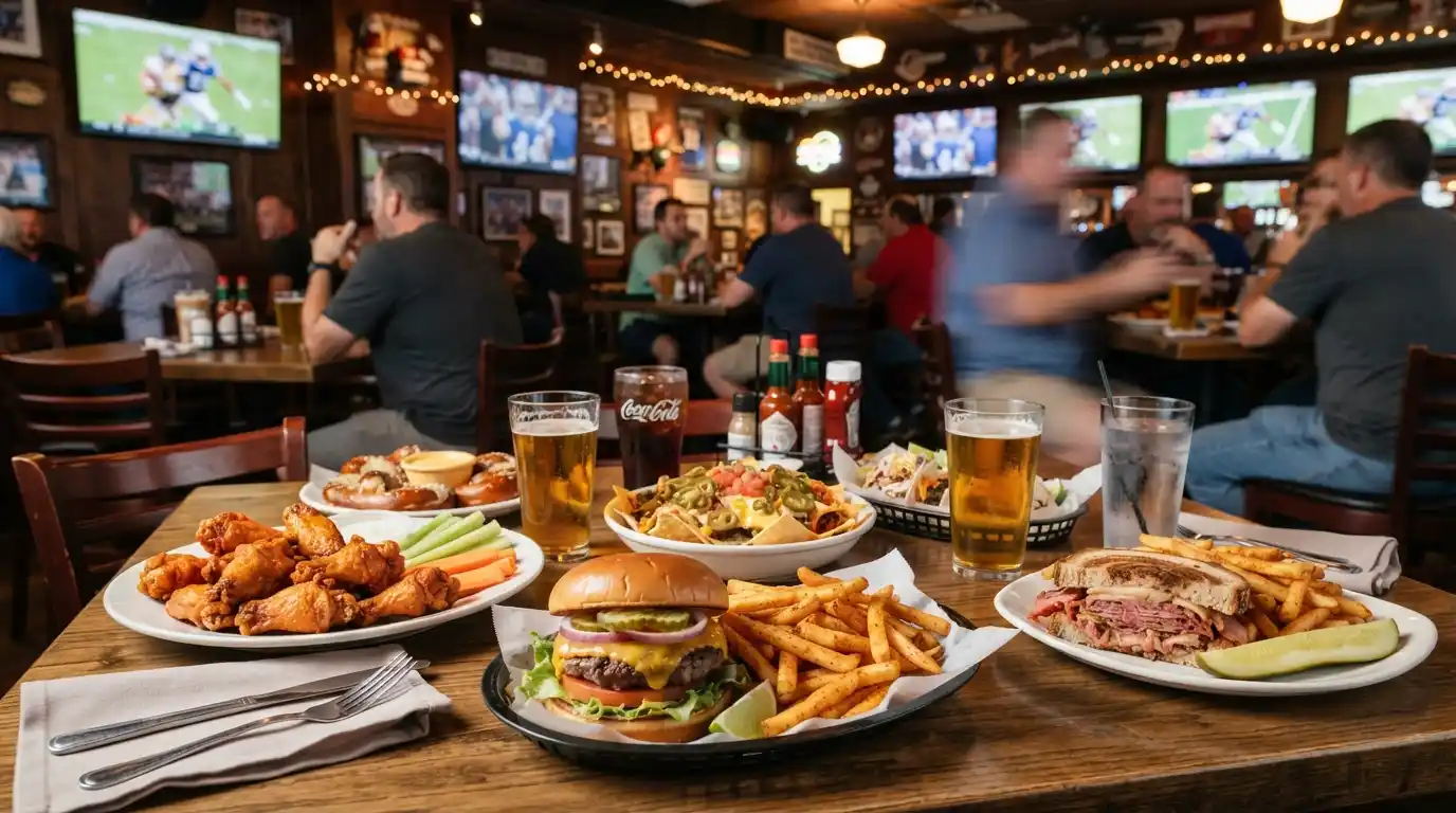 A table of wings, burgers, tacos, sandwiches, and appetizers in a lively sports bar setting.