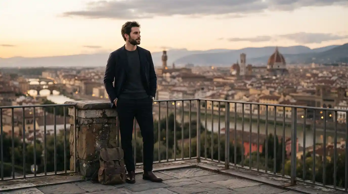Confident modern man standing alone with a travel backpack overlooking a city at sunset