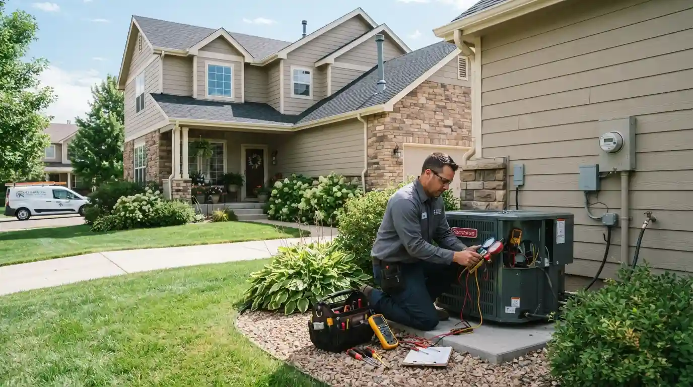Professional home service technician inspecting an HVAC system outside a well-maintained suburban home