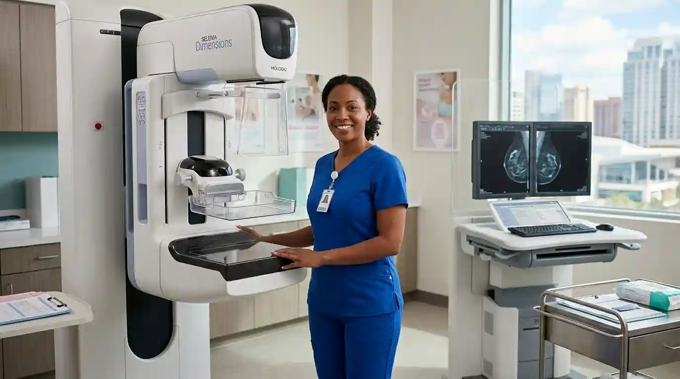 Mammography technologist standing beside digital breast imaging equipment in a modern medical examination room.