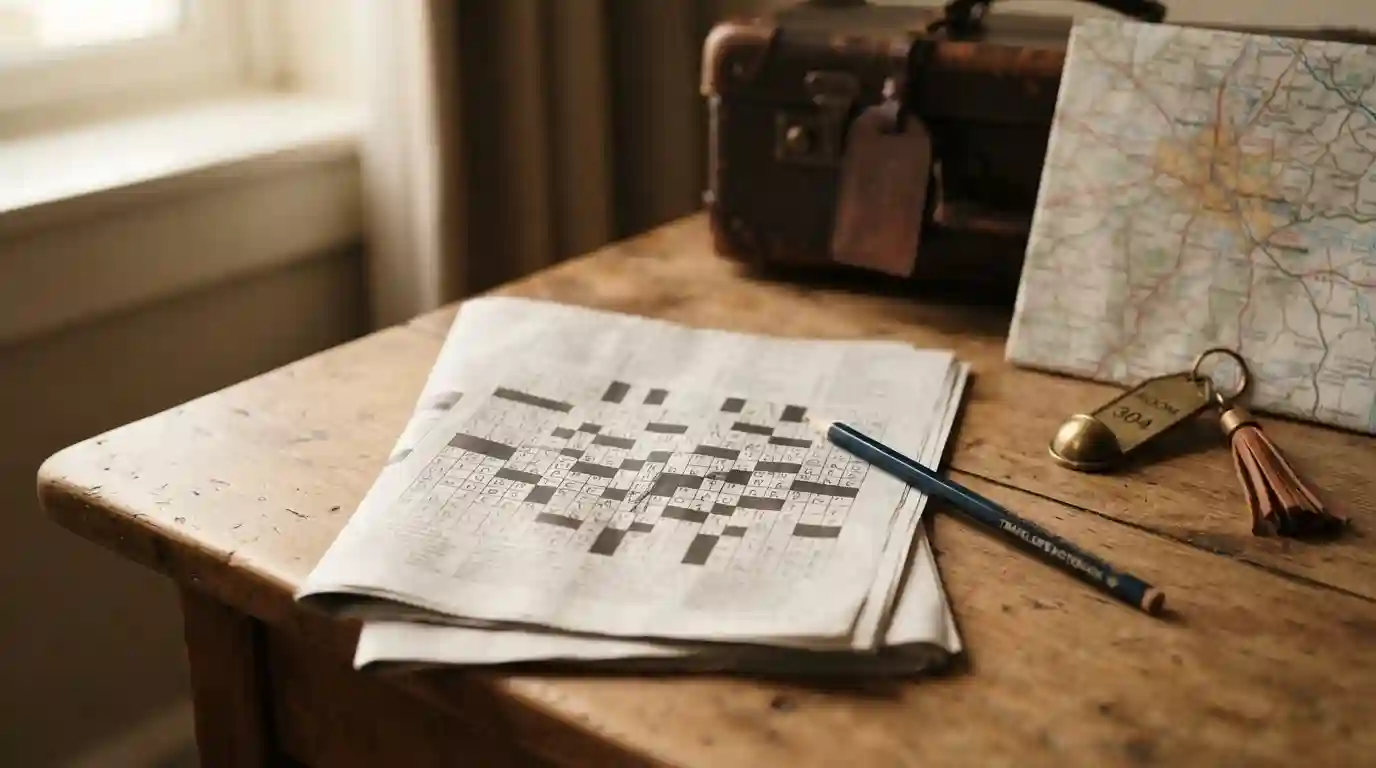 Open crossword puzzle beside travel items representing a traveler’s stopover
