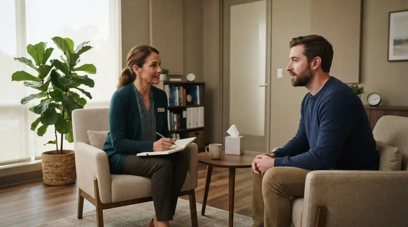 Mental health professional speaking with an adult patient in a private counseling room
