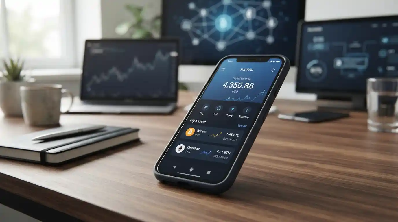 Smartphone displaying a cryptocurrency and digital payment interface with Bitcoin and Ethereum-inspired assets